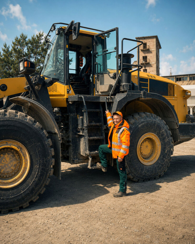 Ein Mitarbeiter in orangefarbener Warnschutzkleidung steht neben einem großen gelben Radlader. Die Szene zeigt den Arbeitsalltag im Kieswerk mit schwerer Baumaschine und industrieller Umgebung.
