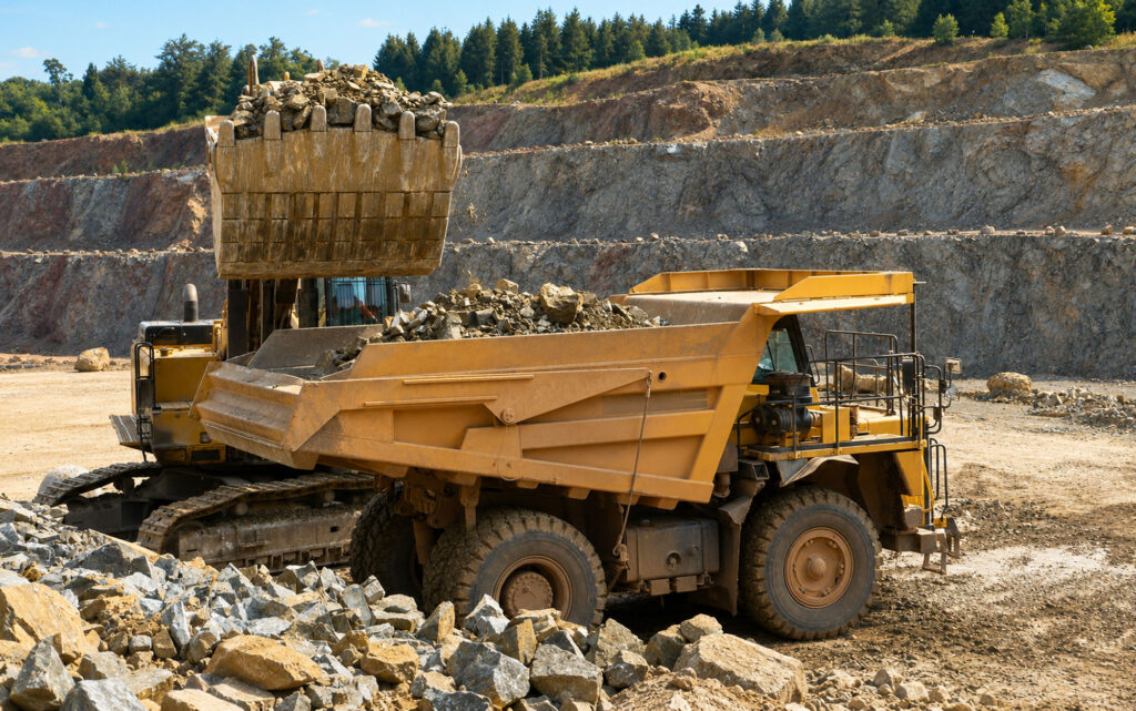 Ein großer Bagger kippt Gesteinsbrocken in einen Muldenkipper. Staub, Felsmaterial und die terrassierten Steinbruchwände zeigen die schwere Arbeit im laufenden Abbaubetrieb.